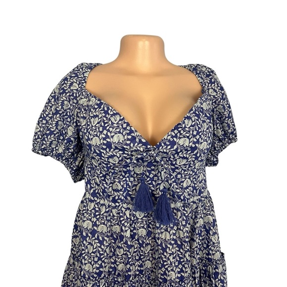 3/$30 🍂Zara Women Blue Floral A-Line Mini Dress Short Puff Sleeve Tassels Tiered - Picture 4 of 10